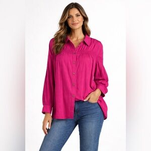 ANDREE by UNIT New 1X Pink Button Up  Tunic Shirt Western Ruche Long Sle…